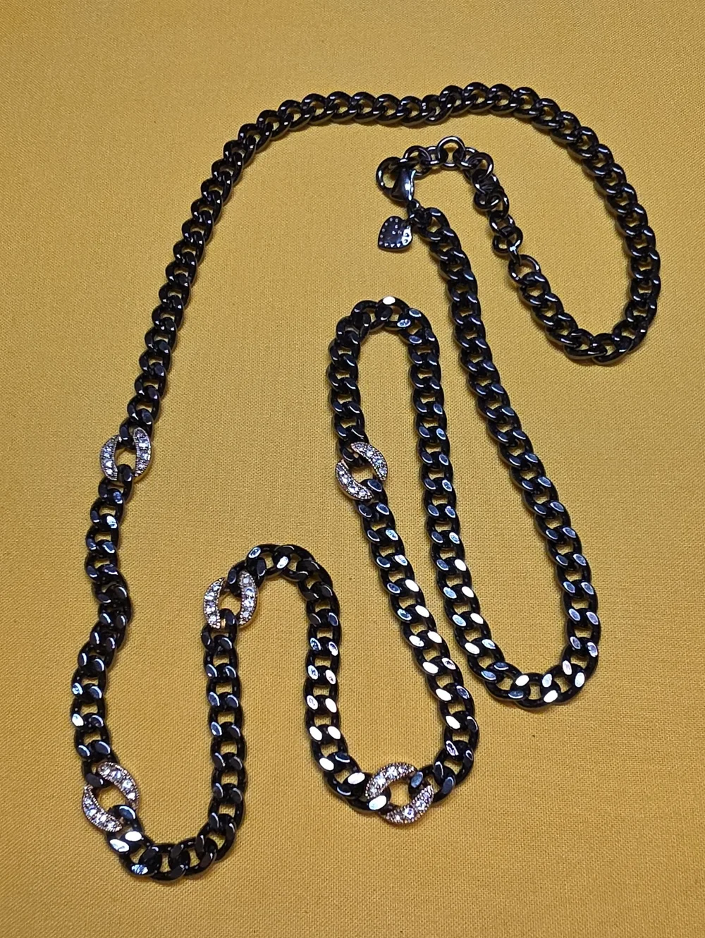 Chunky Black Curb Chain Necklace Gold Crystal Accents 33” Vintage Boutique Heavy